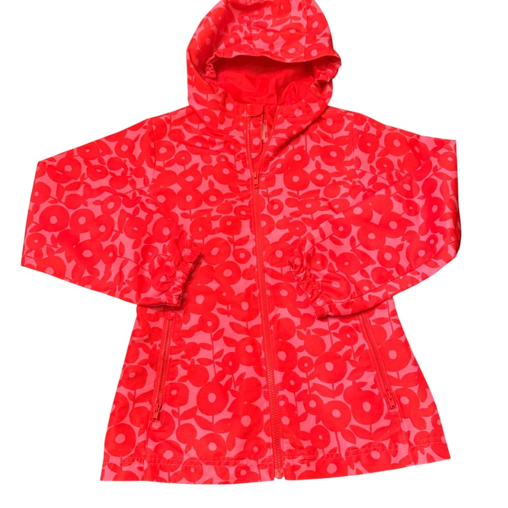 Lands End Kids Pink Red Floral Poppy Hooded Rain Jacket Size M 10-12